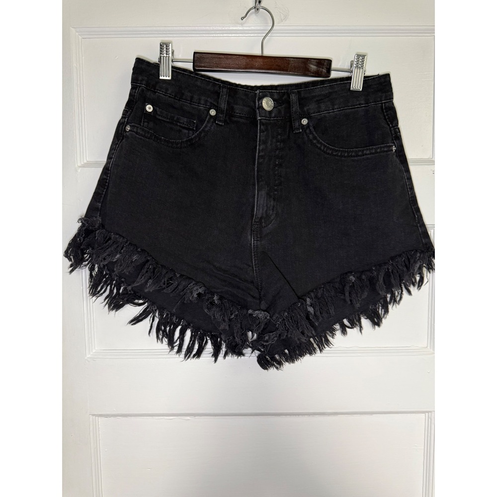 Garage Denim Cheeky Festival Shorts Black Frayed Fringe Hem Size 7 28
